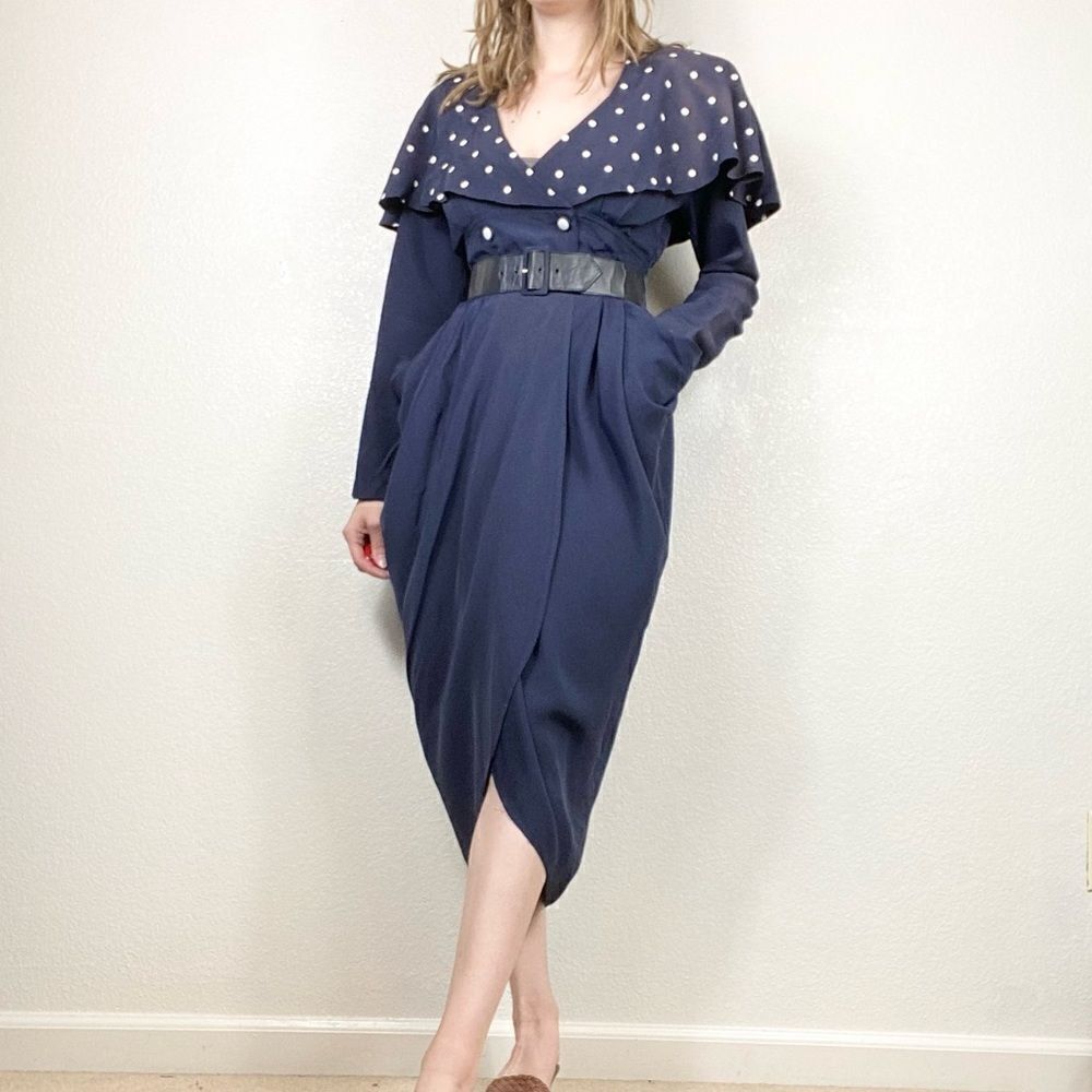 Vintage 80’s Foxy Lady Navy Sailor Style Midi Dress